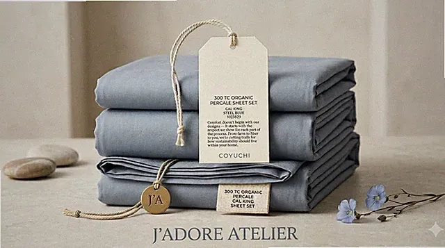 Coyuchi 100% Organic Percale Cotton Cal-King Sheet Set Steel Blue 300TC GOTS New