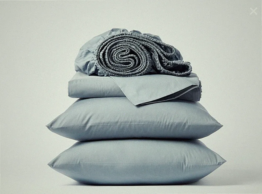 Coyuchi 300 TC Organic Percale Cotton Cal King Sheet Set Steel Blue, $308, NWT!