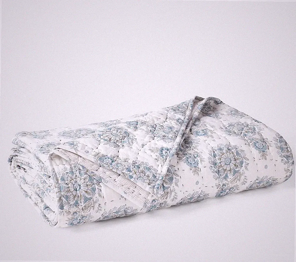 Coyuchi Full/Queen Quilt Flores Tidal Reversible Cotton Handstitched Organic NWT