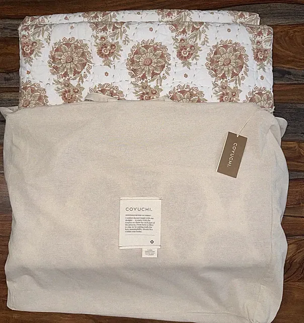Coyuchi Queen Quilt Flores Praline Reversible Organic Cotton Hand Stitched NWT