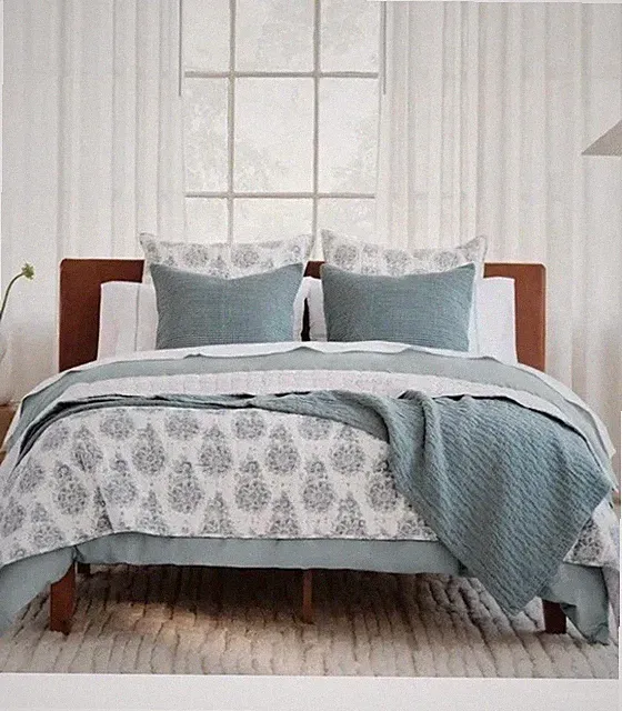 Coyuchi Twin Quilt Flores Tidal Reversible Cotton Handstitched Organic NWT